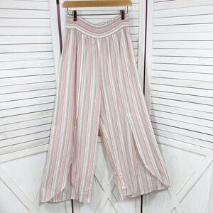Land N Sea Striped Linen Split Front Wide Leg Pull On Pants White Pink Large
